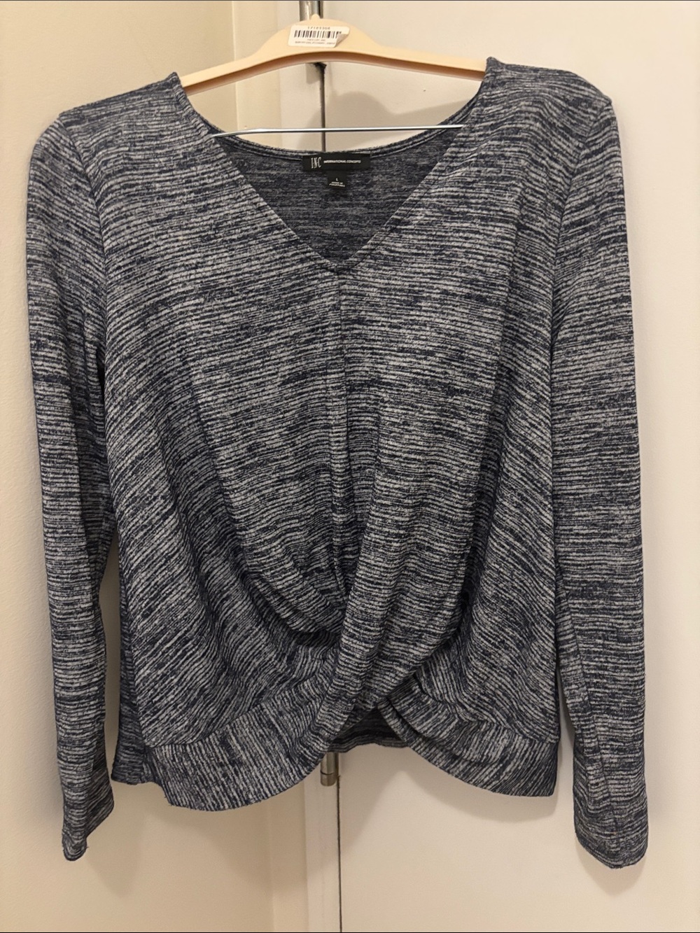 INC International Concepts Navy Heathered Twist-Front Long Sleeve Top